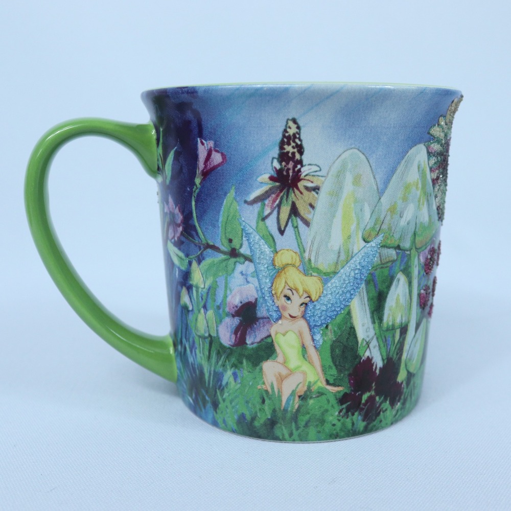 Disney Parks Green Tinker Bell Fairy Garden Glitter Texture Coffee Mug Cup